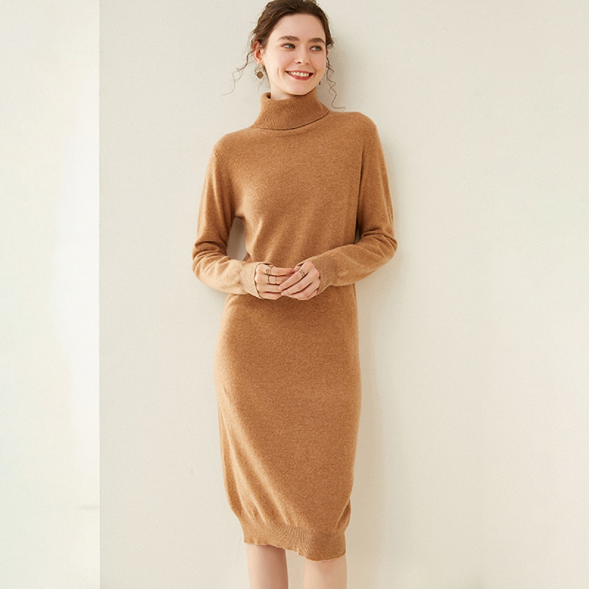 2022 Autumn Winter Long Sleeve Knit Dress Women High Collar Solid Color Over-the-knee Fashion Office Lady Business Wool Dress alx