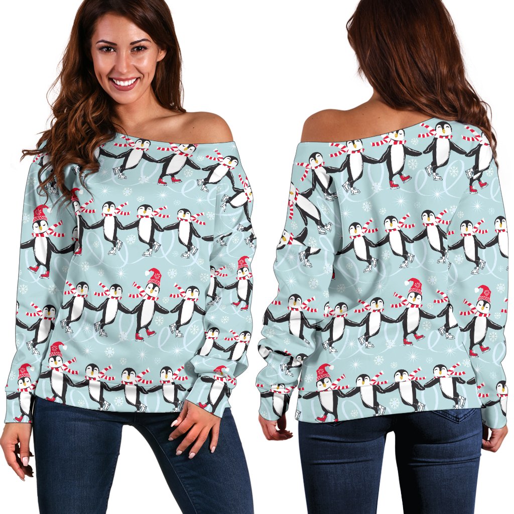 Penguin Sking Design Off Shoulder Sweatshirt