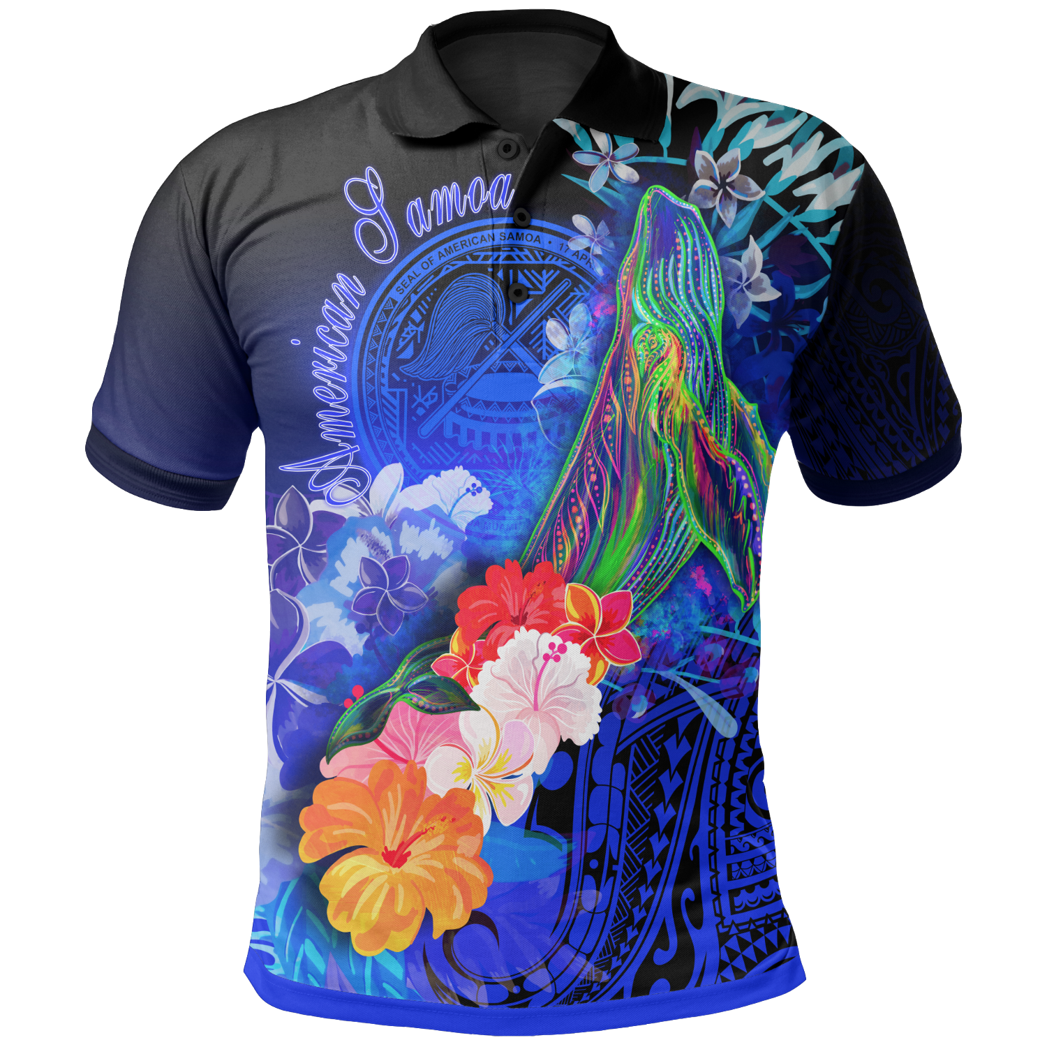 American Samoa Polynesian Polo Shirts – Humpback Whale with Tropical Flowers (Blue)- BN18