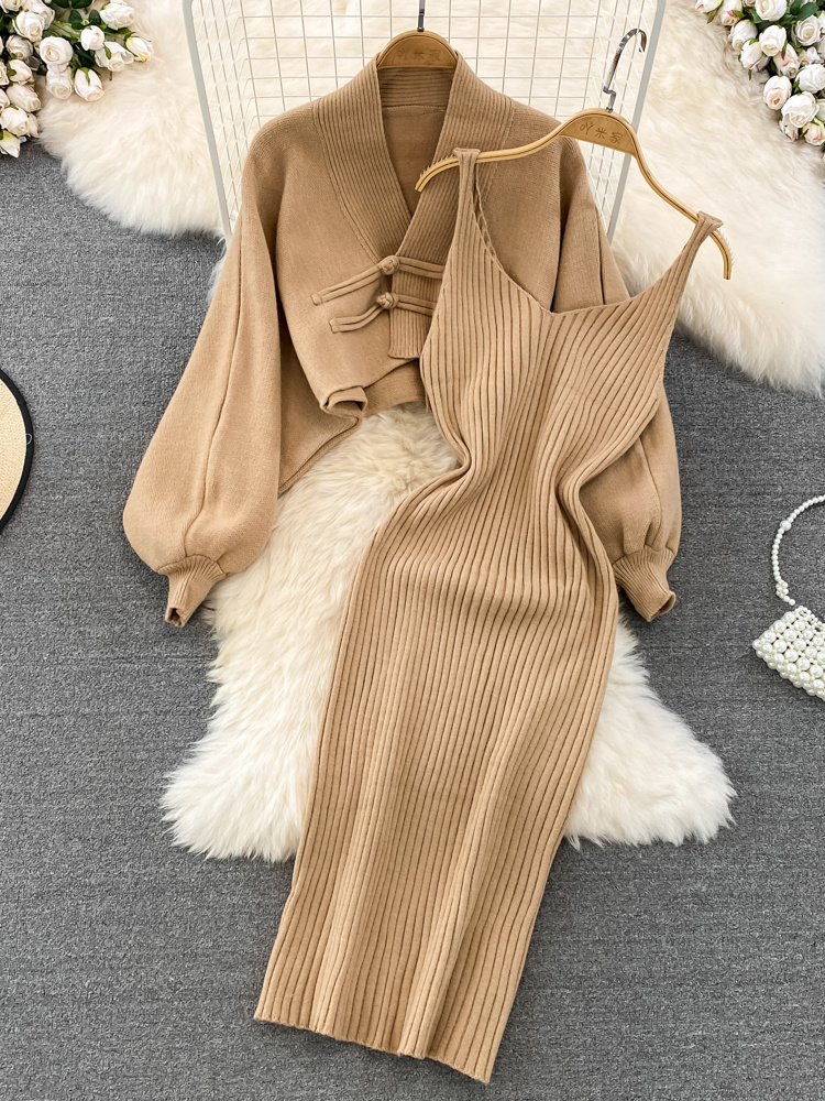 Vintage Sweater 2 Piece Dress Sets Women V neck Bat sleeve Button Knit Cardigan Jacket Female Sexy Strapless Bodycon Dress Suits alx