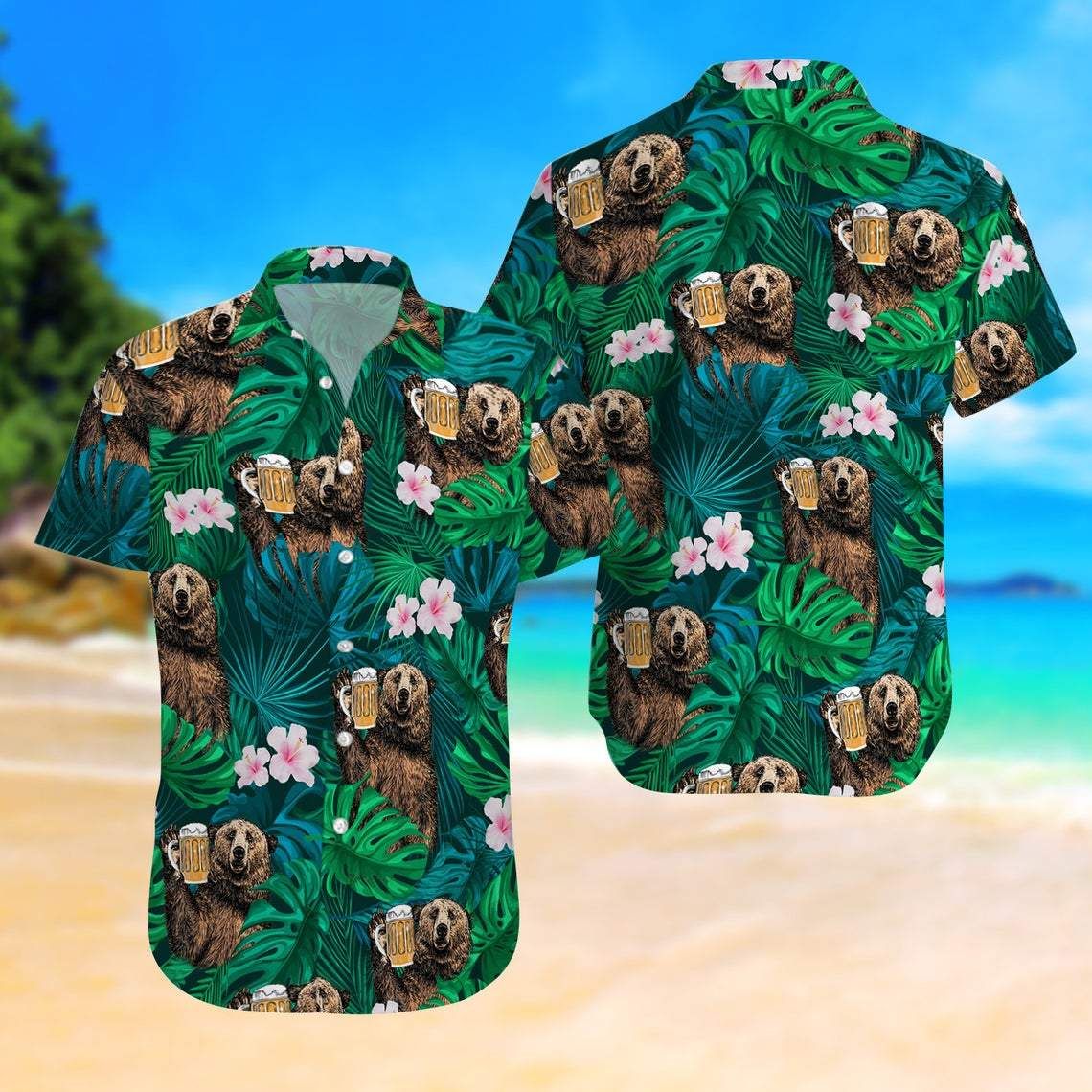 Felacia Bear Drinking Beer Green Tropical Unisex Hawaiian Ha82017