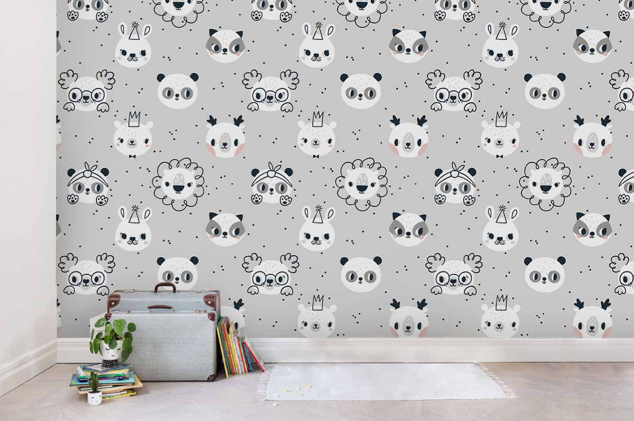 3D Cartoon Animal Head Panda Rabbit Deer Bear Lion Wall Mural Wallpaper Sf14