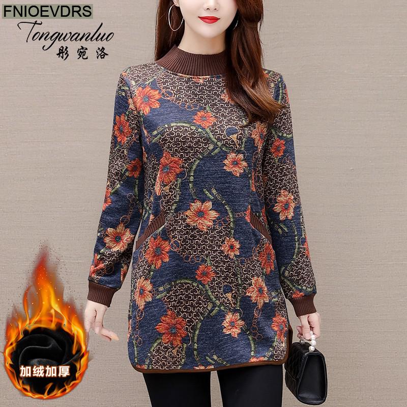 Winter Spring Women Elegant Office Lady Retro Vintage Warm Velvet Tops Flower Floral Printing Long Tunic Basic Shirts Blouses alx