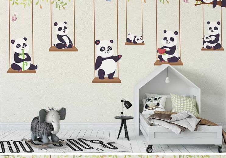 3D Hand Drawn Animal Panda Swing Wall Mural Wallpaper Lqh 163