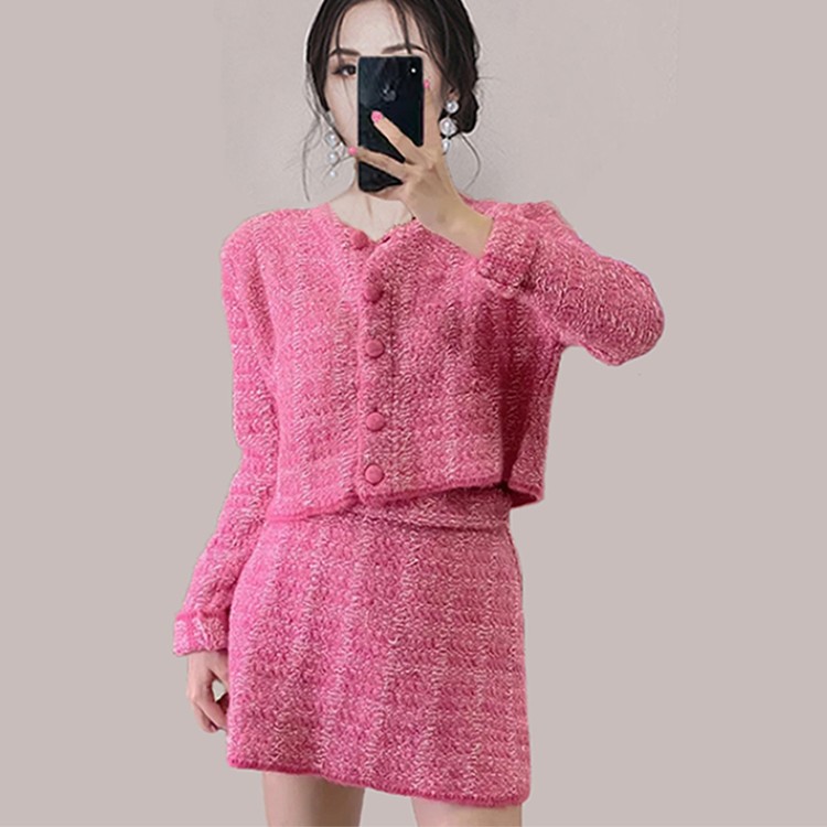 2022 Retro Autumn Korean Suit Sexy Bodycon Mini Skirt + Long Sleeve Short Sweater Cardigan Top Woman Knitted 2 Piece Dress Set alx