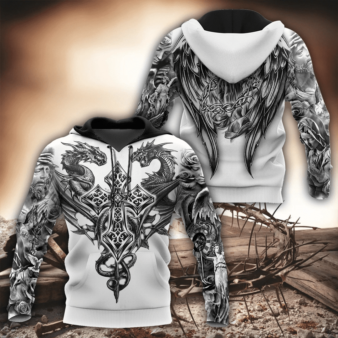 Jesus Christ Cross And Dragons 3D Printed Hoodie, T-Shirt For Men And Women