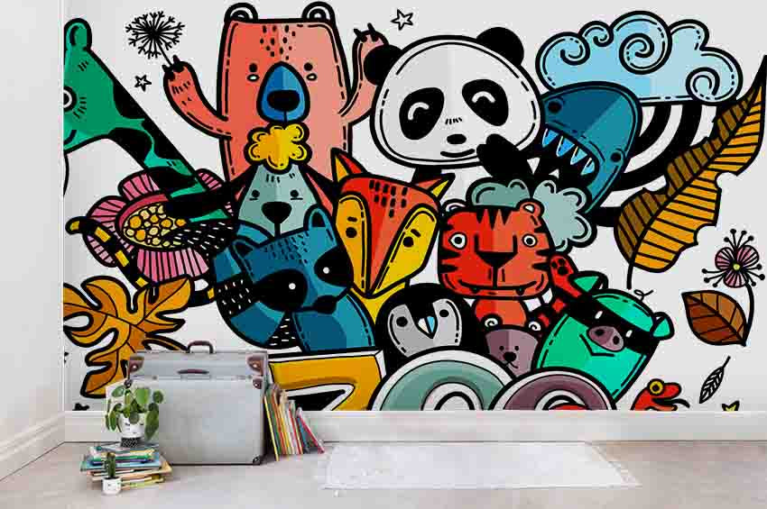 3D Cartoon Animal Panda Bear Tiger Fox Penguin Wall Mural Wallpaper Sf52