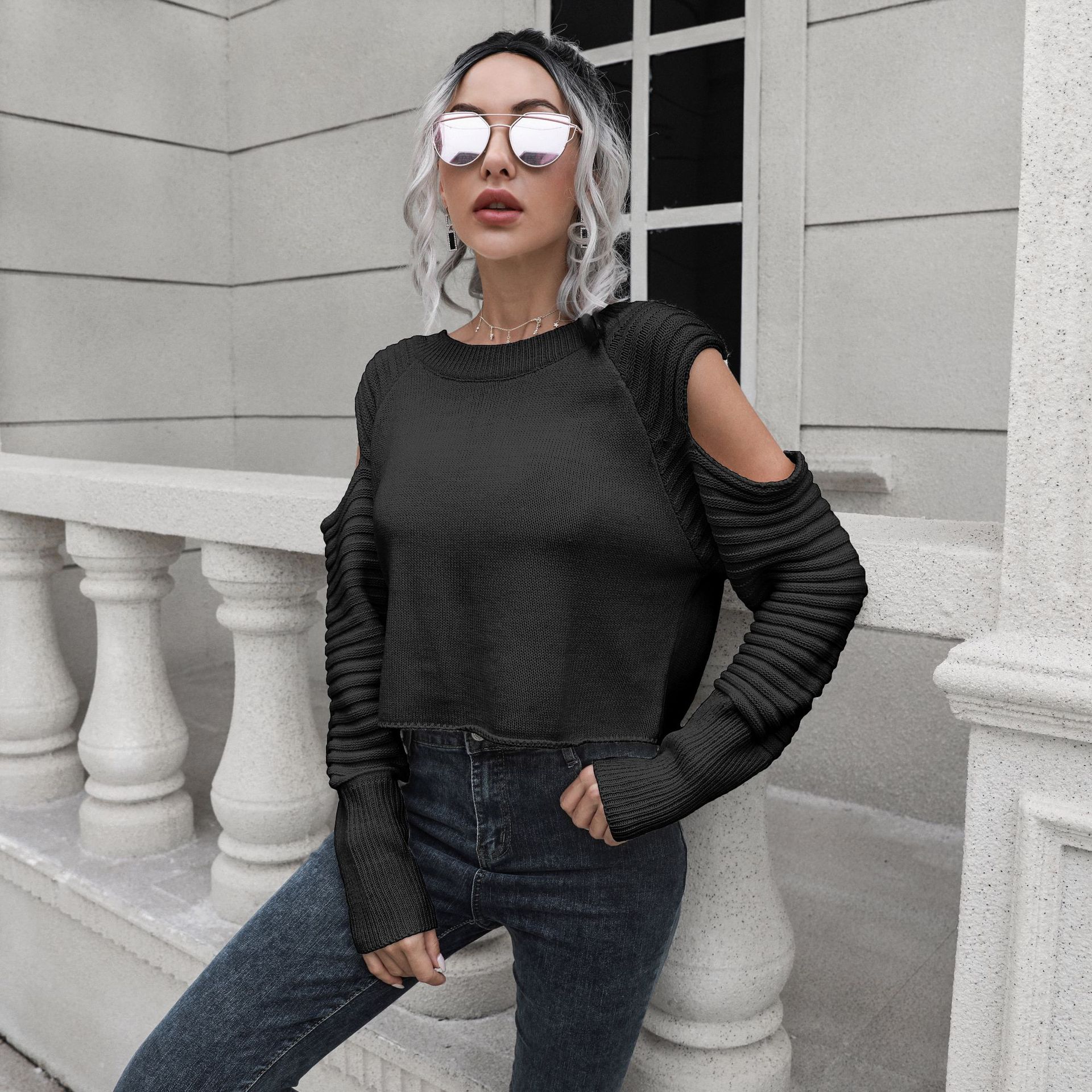 Autumn Winter Casual Women’s Sweater Solid Color Round Neck Long Sleeve Off Shoulder Knit Pullover alx