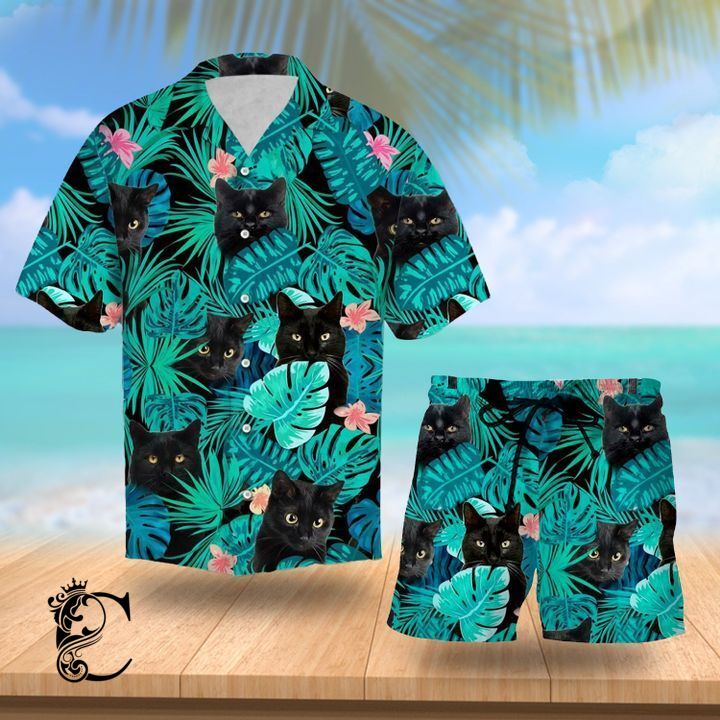 Beach Shirt Tropical Black Cat Hawaiian Shirt- Chillicothemall