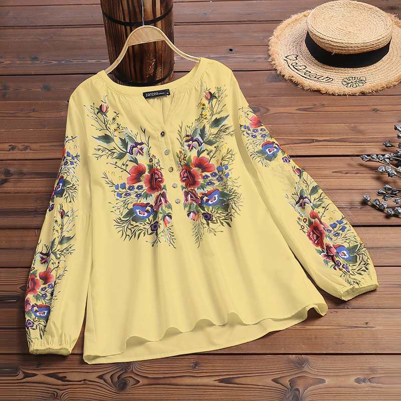 2022 ZANZEA Bohemian Spring Shirts Womens Printed Blouse Casual Long Sleeve Blusas Female Floral Tunic Oversized Top alx