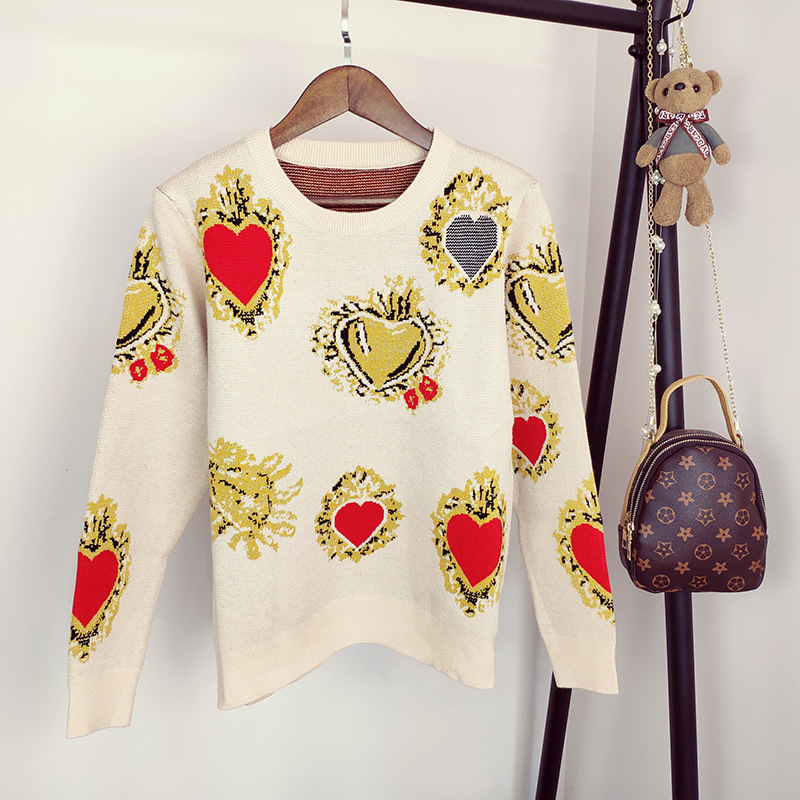 2020 Autumn Sweater Women Winter Heart Pattern Printed Knitwear Pullover Loose Jumper Vintag Warm Office Lady Knitted Sweater alx