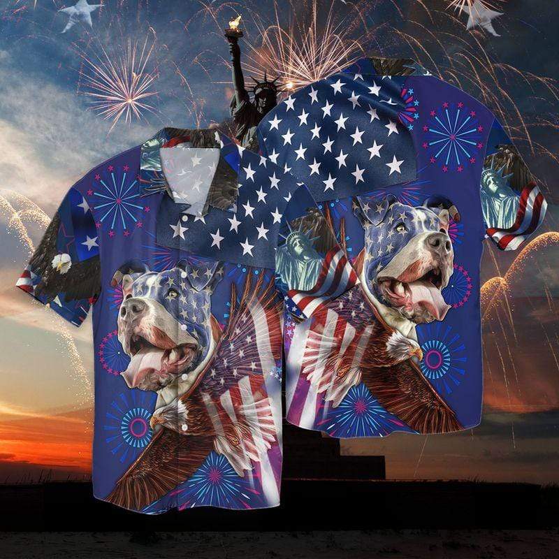 American Pit Bull On Independence Day Firework Unisex Hawaiian Shirts, Summer Shirts, Beach Shirts