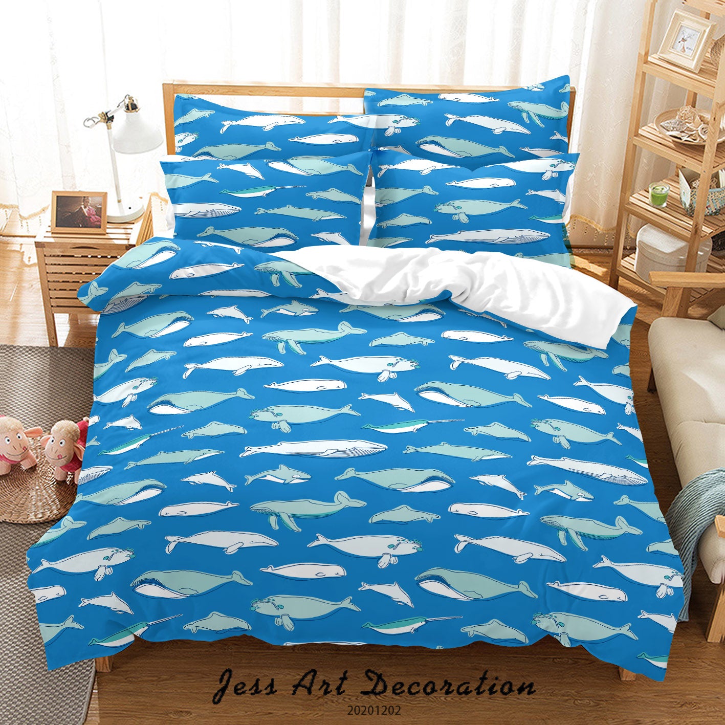 3D Cartoon Hand Drawn Blue Whale Fish Pattern Quilt Cover Set Bedding Set Duvet Cover Pillowcases Lxl