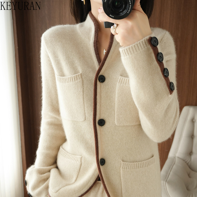 Stand-up Collar Knitted Cardigan Women’s Sweater Jacket Autumn/Winter 2022 Korean Fashion Single Breasted Knit Tops Coat Casual alx