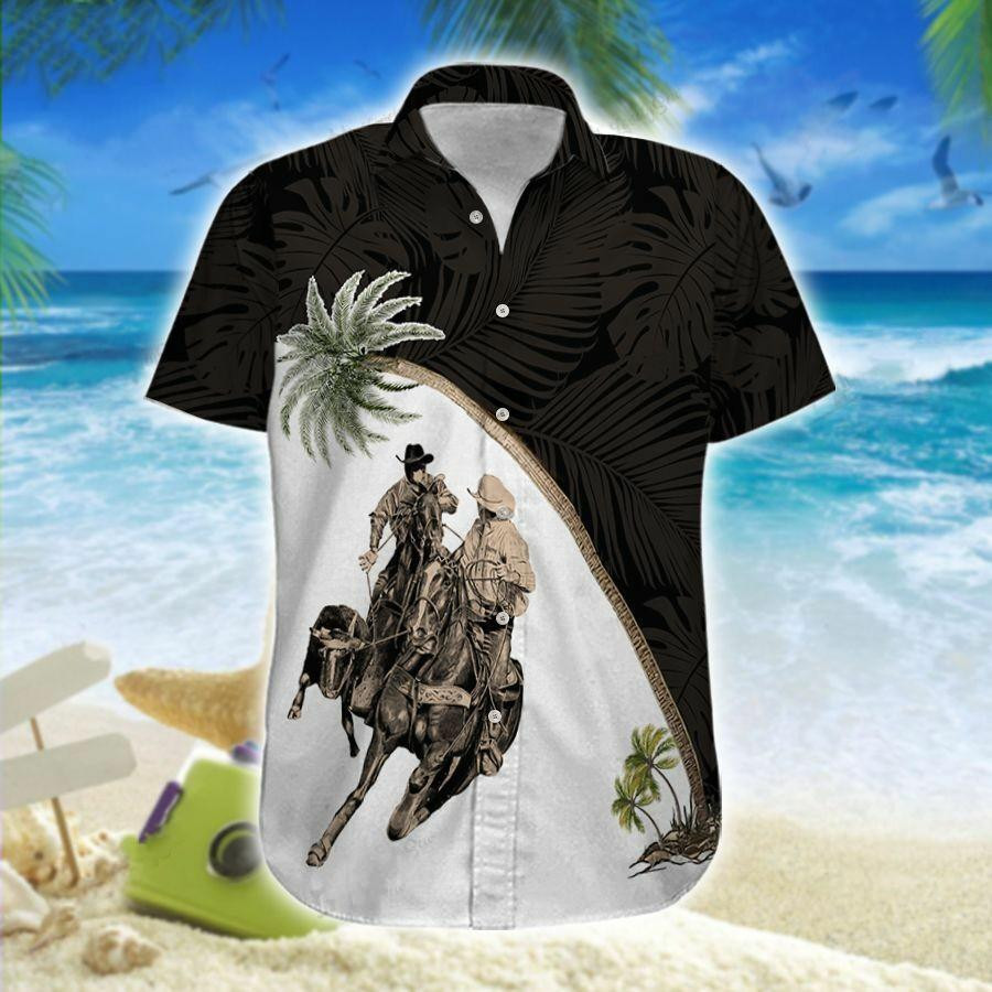 Hawaii Aloha Shirts Team Roping Black And White Palm Tree Ha91752