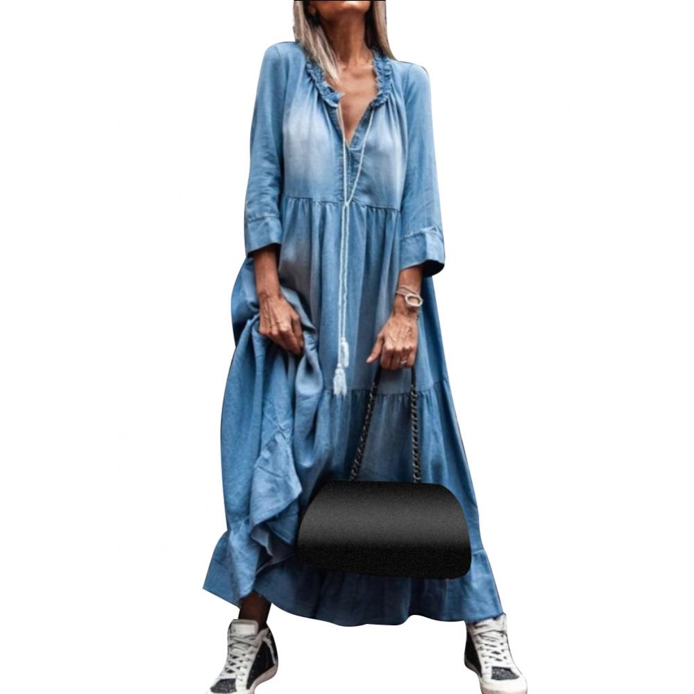 Vintage Women 3/4 Sleeve Dress Tassel Loose Plus size dress Denim apparel autumn Lace V Neck Large Hem Maxi Denim Dress alx