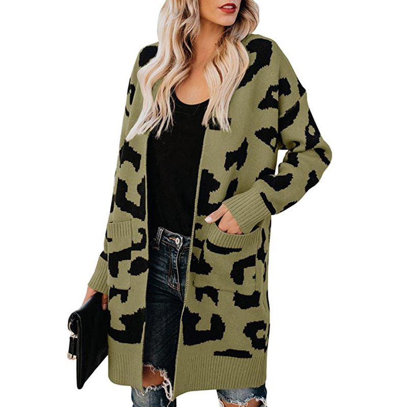 2022 Long Cardigan Women Leopard Knitted Casual Sweaters Autumn Winter Pocket Coat Female Cardigan alx