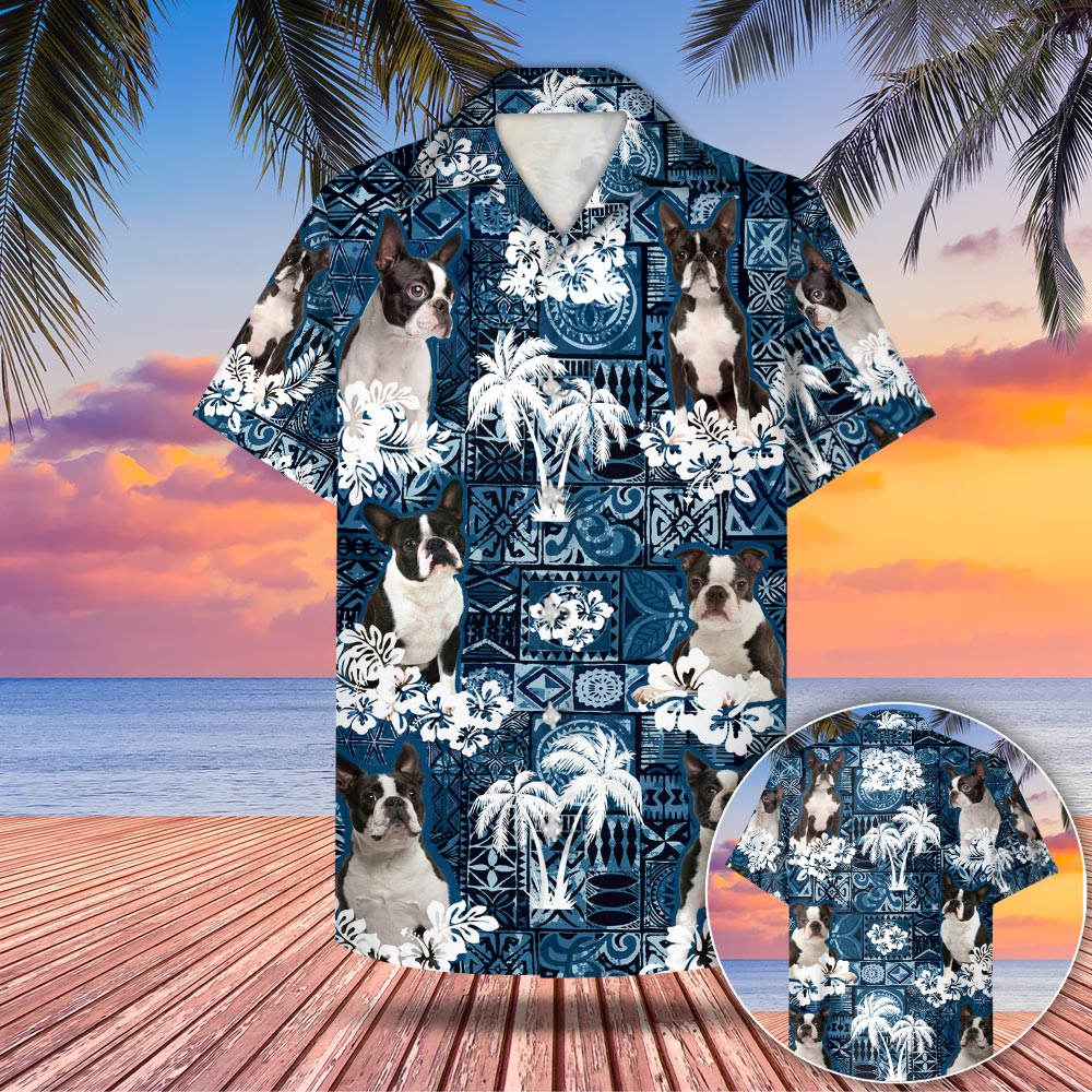 Boston Terrier Hawaiian Style Blue Shirt Gift For Boston Terrier Mom, Boston Terrier Dad M0402 Phts