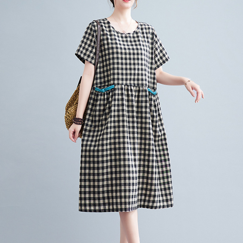 2022 New Arrival Thin Soft Cotton Linen Vintage Plaid Summer Dress Pockets Fashion Women Casual Dress Office Lady Work Dress alx