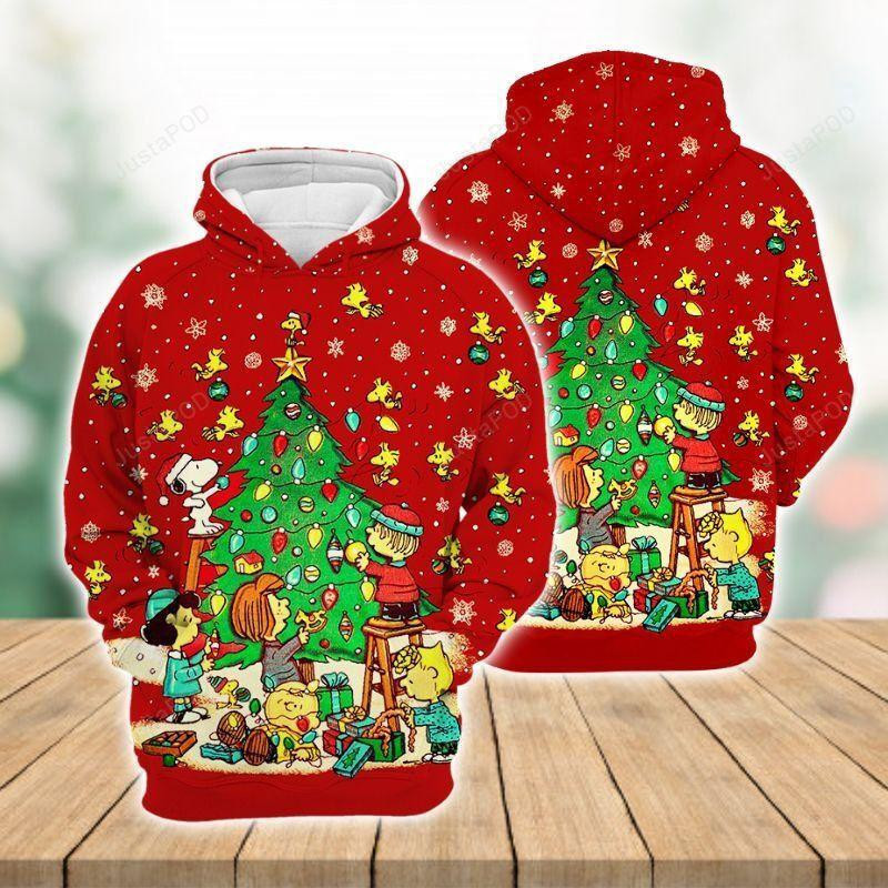 Peanuts Characters Snoopy Decorate Christmas Tree Red 3D Hoodie Zip Hoodie