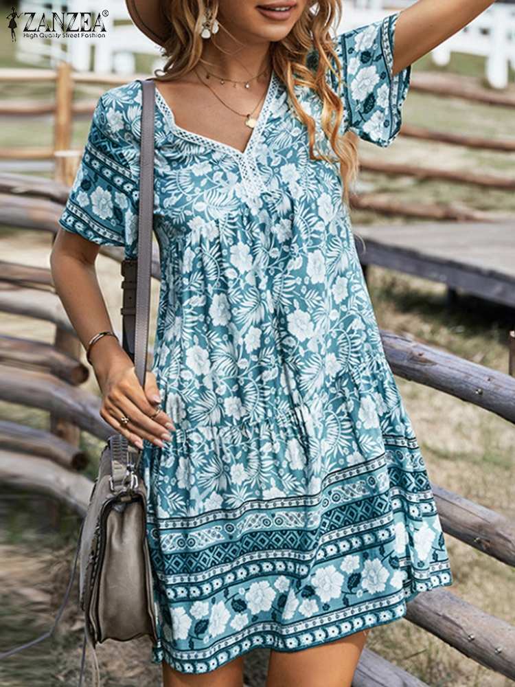 ZANZEA Summer Short Dress Women Vintage Printed Robe 2022 Fashion Short Sleeve Vestidos Holiday Casual V Neck Dresses Oversized alx