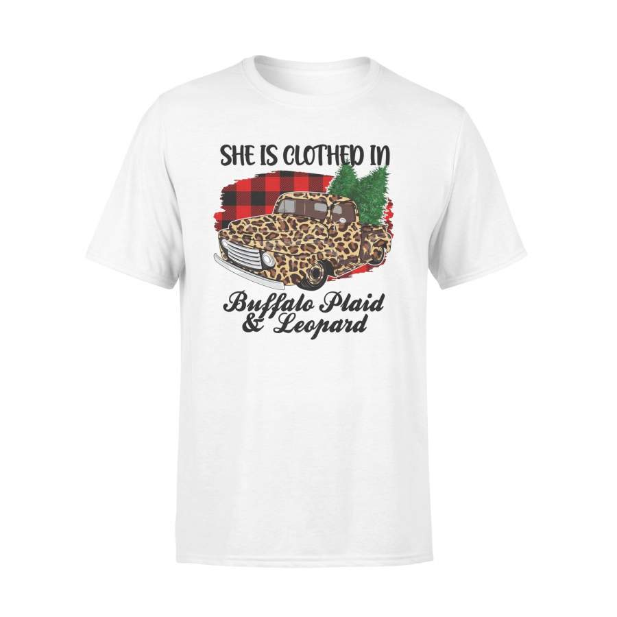 She Is Clothed In Buffalo Plaid And Leopard Funny Christmas Truck T-shirt