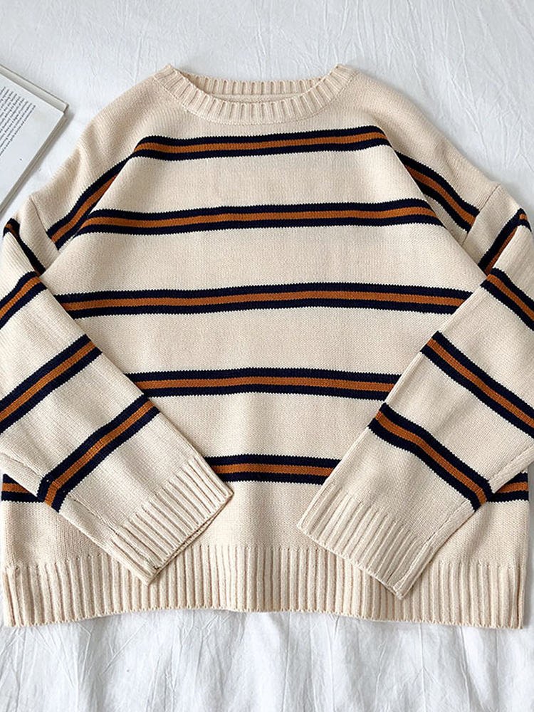 Vintage Sweater Women Striped Pullover Ladies Round Neck Long Sleeve Tops Female Korean Style Casual Loose Jumper Jersey Mujer alx