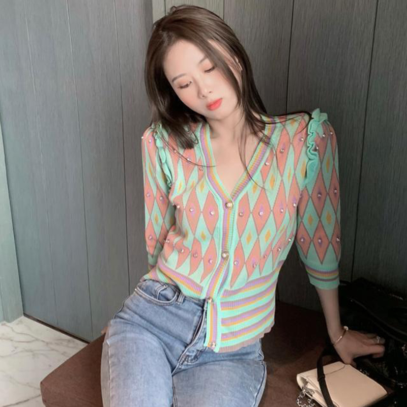 2022 Trend Cropped Cardigan for Women Plaid Sweater Summer Sweaters Kawaii Harajuku Knitted Tops Cute Cardigans Female Fashion alx