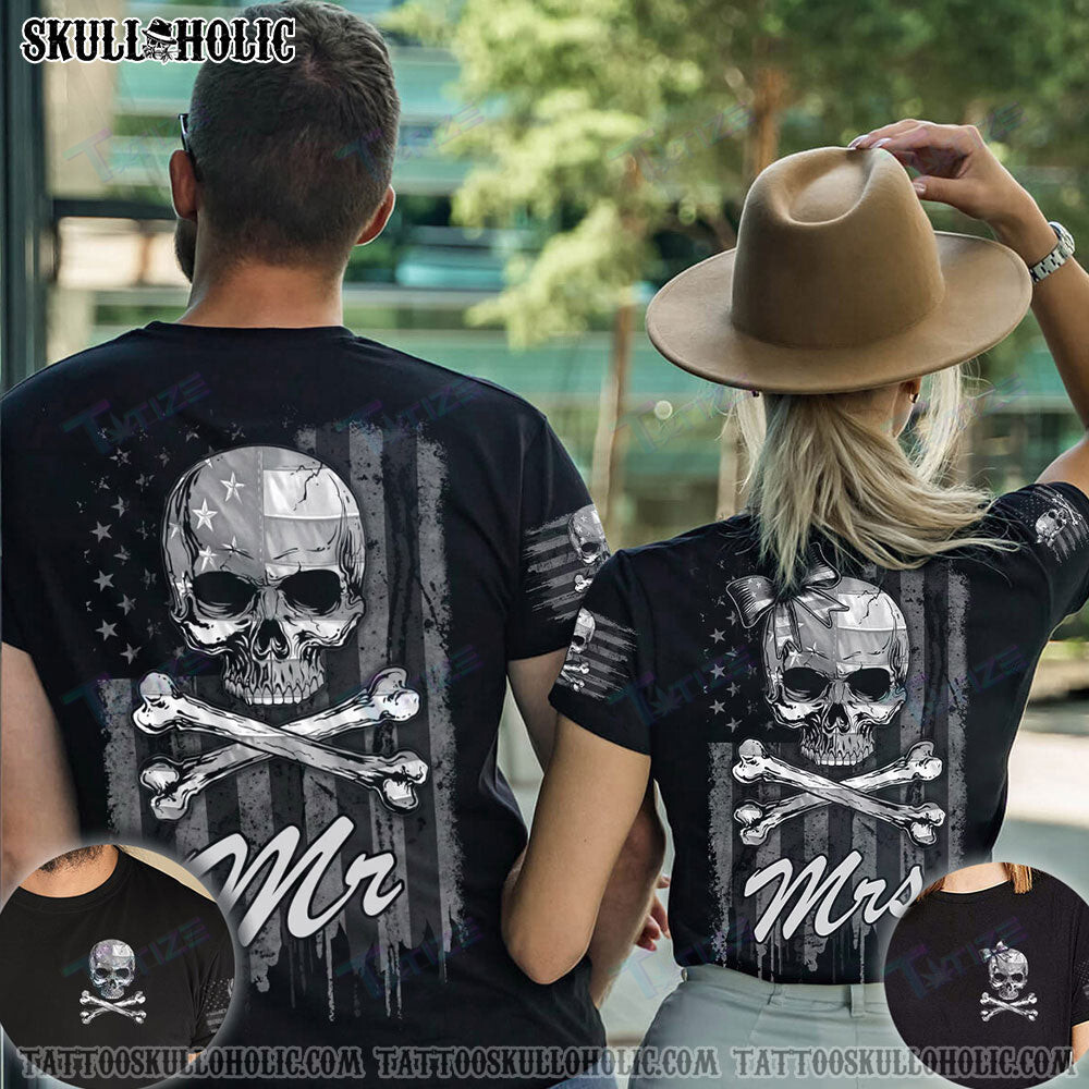 Matching Couple Shirt Mr Mrs Skull Bones B&W Couple 3D All Over Printed Shirt, Sweatshirt, Hoodie, Bomber Jacket Size S – 5Xl