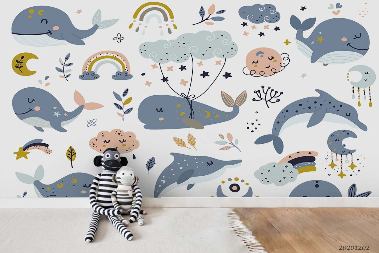 3D Hand Drawn Cartoon Colorful Rainbow Moon Ocean Whale Pattern Wall Mural Wallpaper Lxl