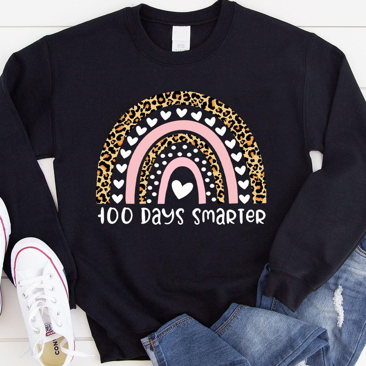 100Th Day Of School Teacher 100 Days Smarter Leopard Rainbow – Standard Crew Neck Sweatshirt