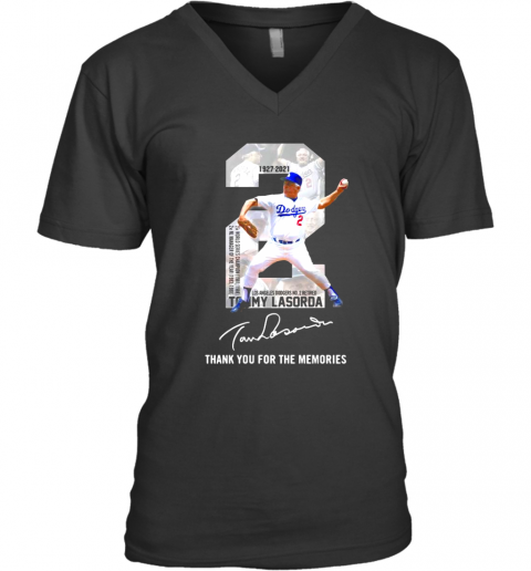 2 Tommy Lasorda 1936 2021 Los Angeles Dodgers Thank You For The Memories Signature V-Neck T-Shirt