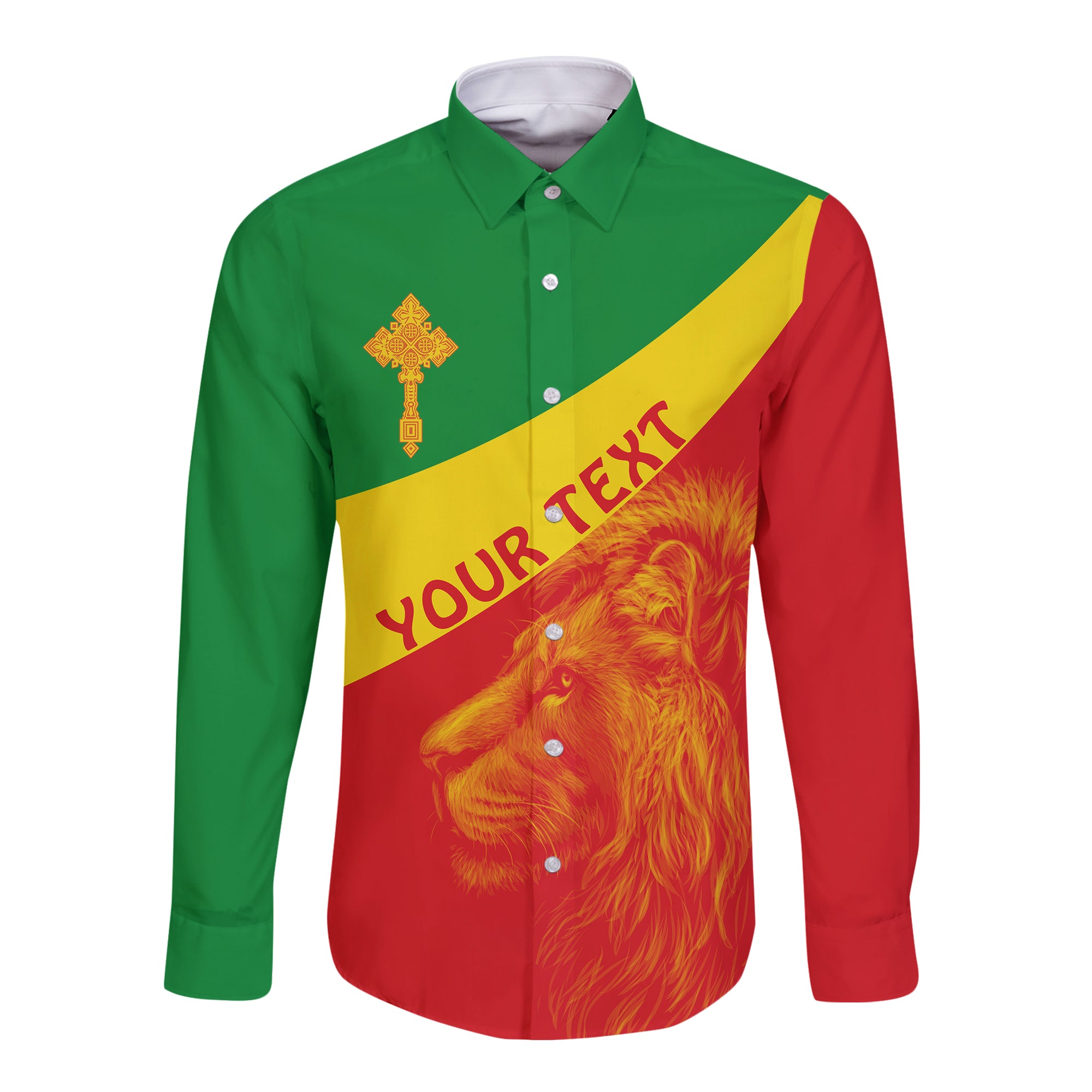 (Custom Personalised) Ethiopia Long Sleeve Button Shirt Ethiopian Cross And Lion Of Judah Lt13