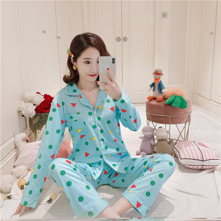 Autumn Women’s Pajamas Sweet Cartoon Print Lapel Long Sleeve Cardigan Homewear Ladies Casual Loose Fashion Pajama Set alx