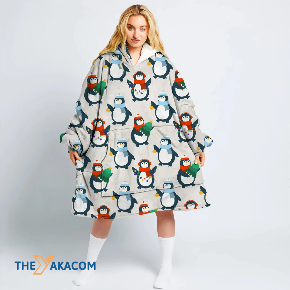 Penguins With Christmas Tree Garland And Ball Hoodie Blanket