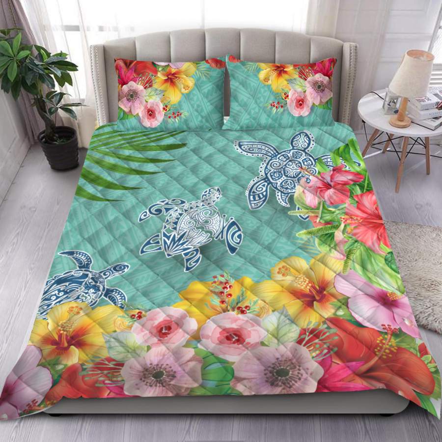 Turtle polynesian hibiscus colorful quilt bedding set MH280520S-HG