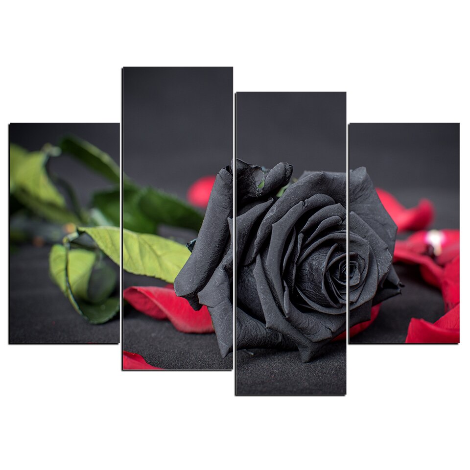 Black Rose Romance Canvas Wall Art 4 Panel Painting Home Decoration With Frame