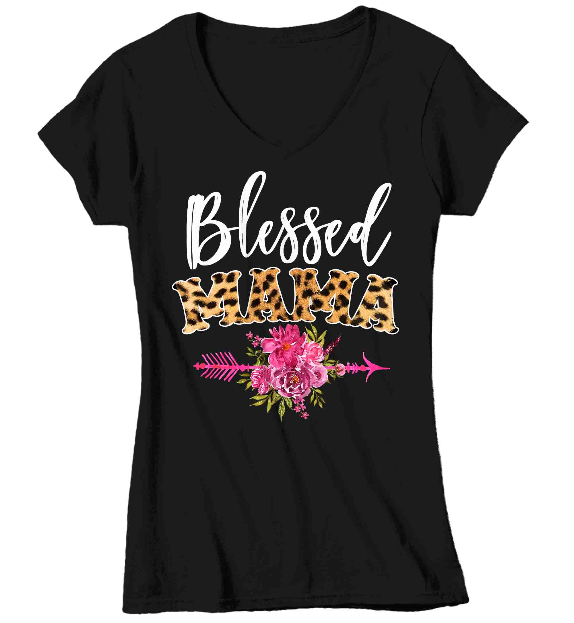 Women’S V-Neck Blessed Mama Shirt Mother’S Day Gift Shirt For Mom Floral Boho Cheetah Animal Print Tee Gift For Momma Tee Ladies V-Neck