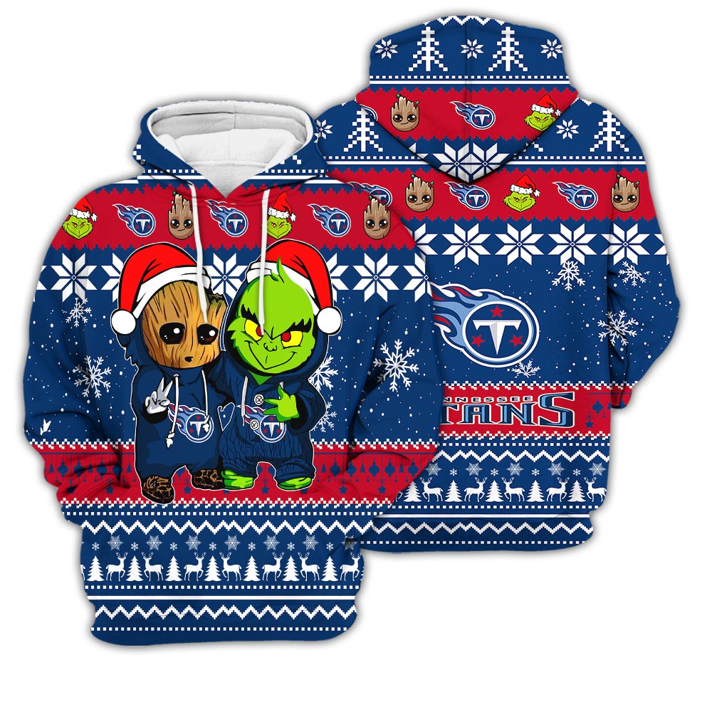 Tennessee Titans Baby Groot And Grinch Best Friends Football American Ugly Christmas Sweater New Trends For Fans Club Gifts Unisex 3D Hoodie