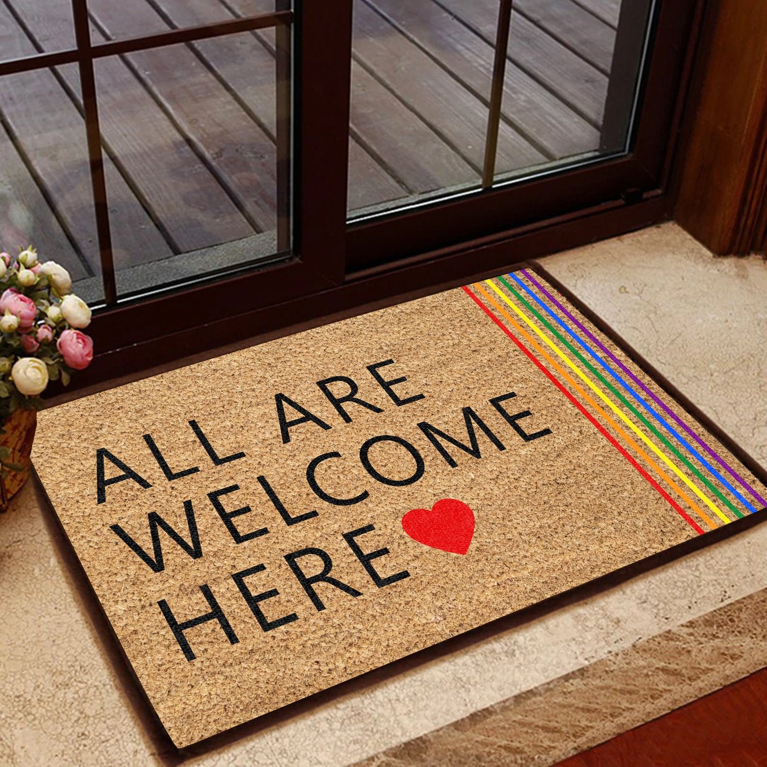 All Are Welcome Here All Over Printing Doormat Pre1987