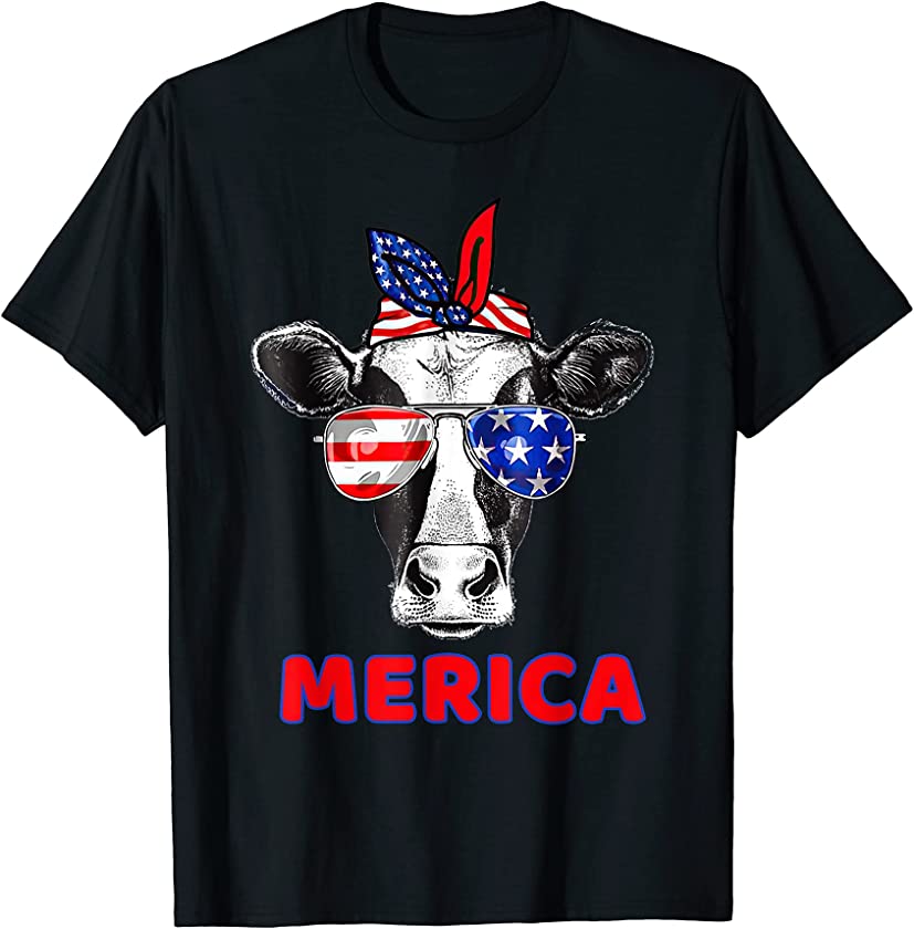 Vintage Patriot Cow 4th of July American Flag Merica Farmer T-Shirt