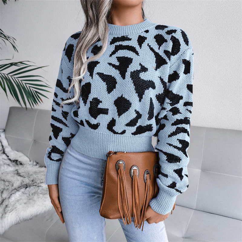 Autumn Winter Sweater Women Leopard Printed Casual Fashion Long Sleeve Round Collar Slim Knitwear Pullovers Tops 4 Colors alx