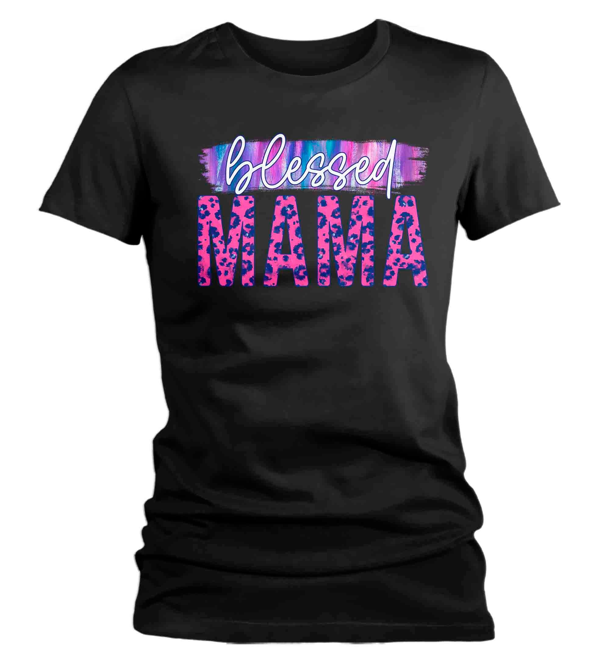 Women’S Blessed Mama Shirt Mother’S Day Gift Shirt For Mom Floral Pink Leopard Tee Gift For Momma Tee Ladies V-Neck