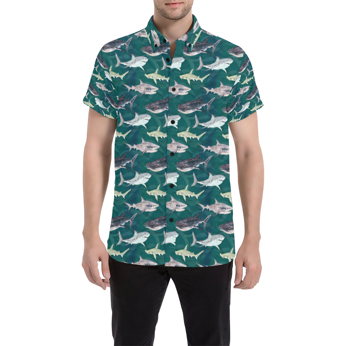 Shark Style Print Men Button Up Shirt