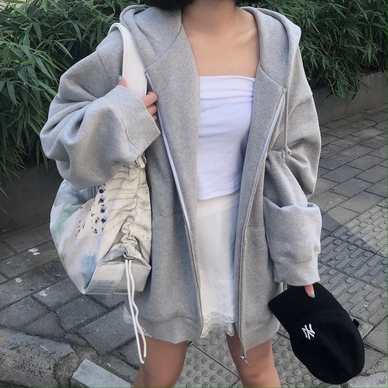 Women Hoodies Harajuku Korean Version Zip Up Loose Oversized Sweatshirts Casual Solid Fleece Long Sleeve Hooded Sweatshirt Coats alx