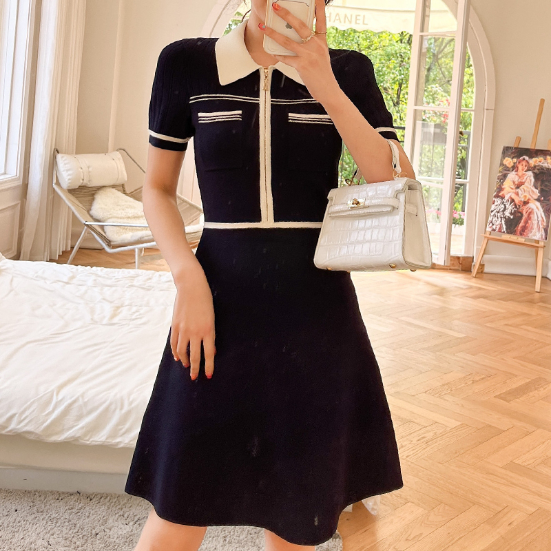 Comfortable Lapel Short-Sleeved Zipper Pocket Women’S Summer New Fashion French Beautiful Solid Color Knitted Temperament Dress alx