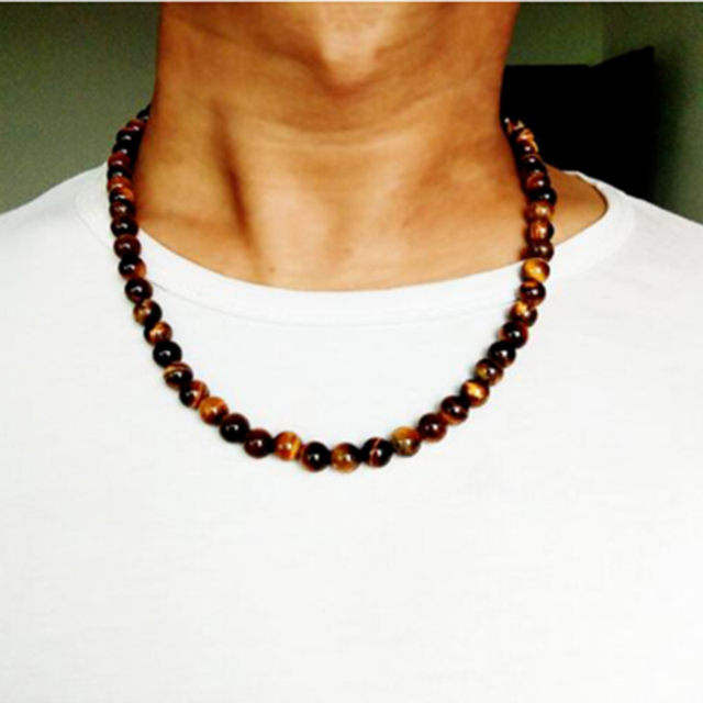 Trendy Men Necklace 6/8mm Black Lava Stone Yellow Tiger Eye Choker Rock Beads Necklace Men Jewelry Handmade Collar Dropshipping alx