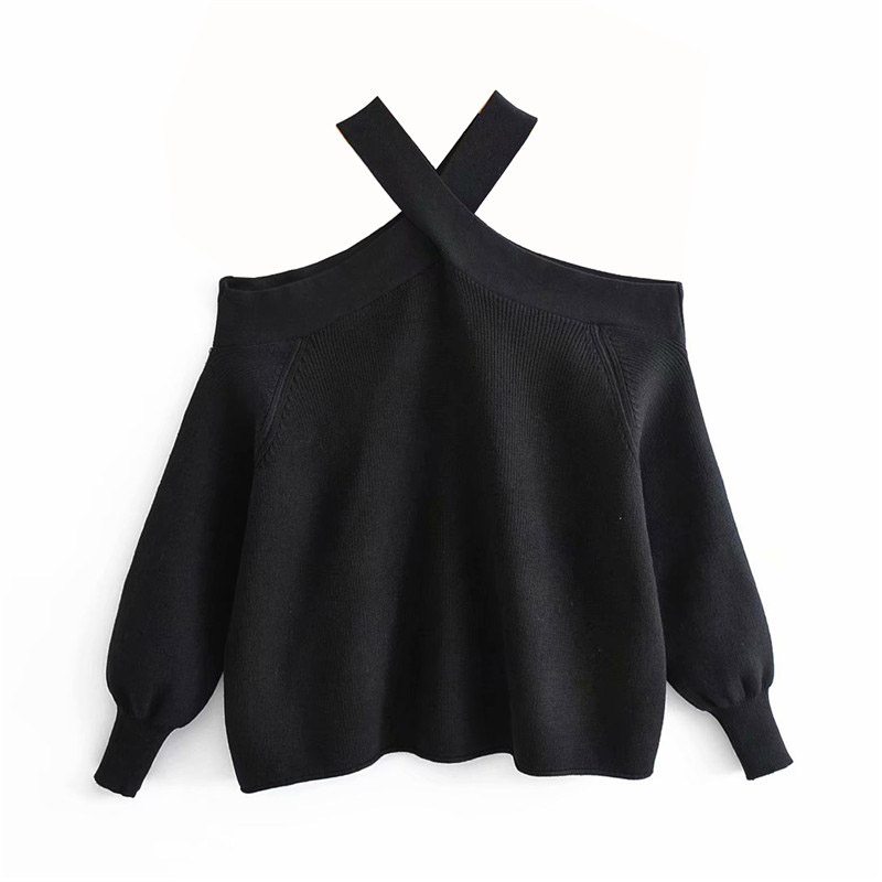 Stylish Halter Without Shoulder Sweater Stretchy Design Long Sleeve Female Chic Knitted Tops alx