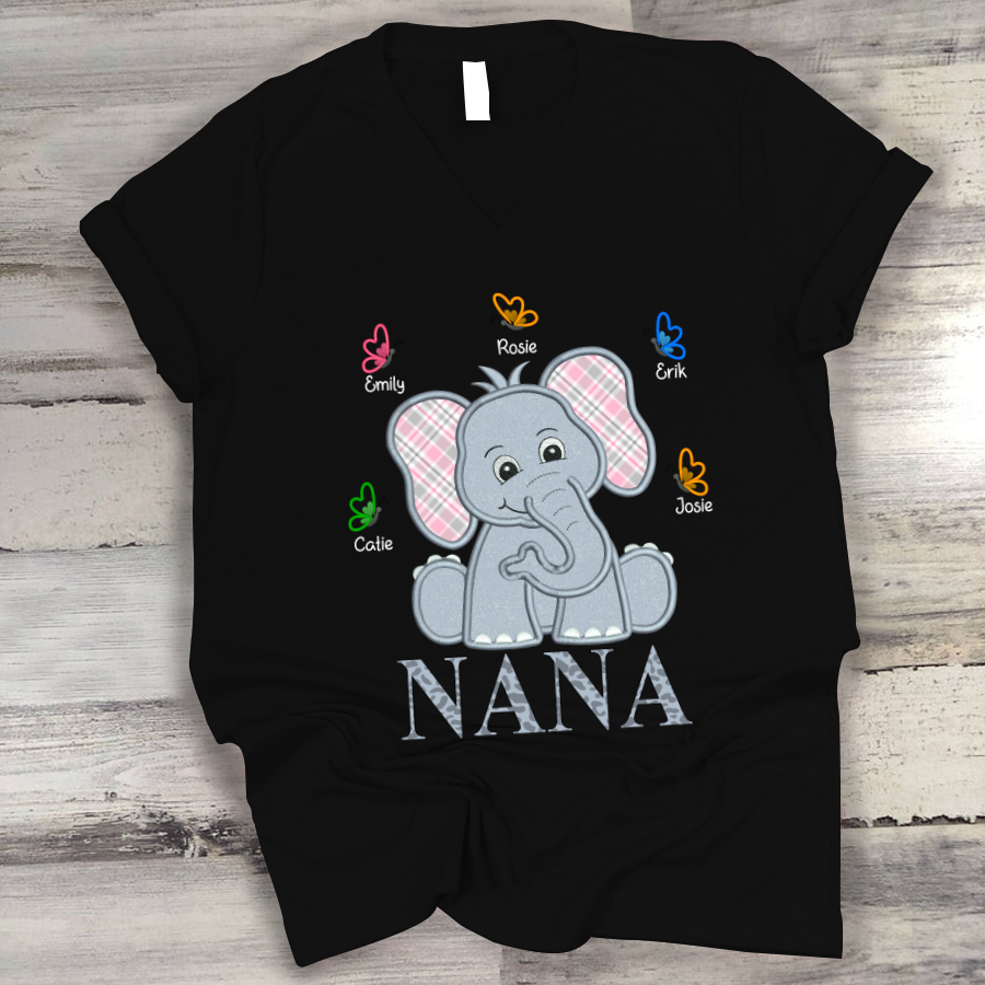 Nana And Grandkids Elephant Butterfly V-Neck