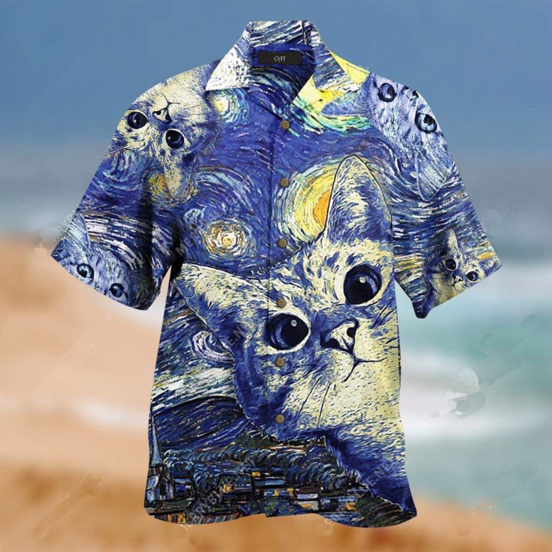 Beach Shirt Find Cat In Starry Night Unisex Hawaiian Aloha Shirts